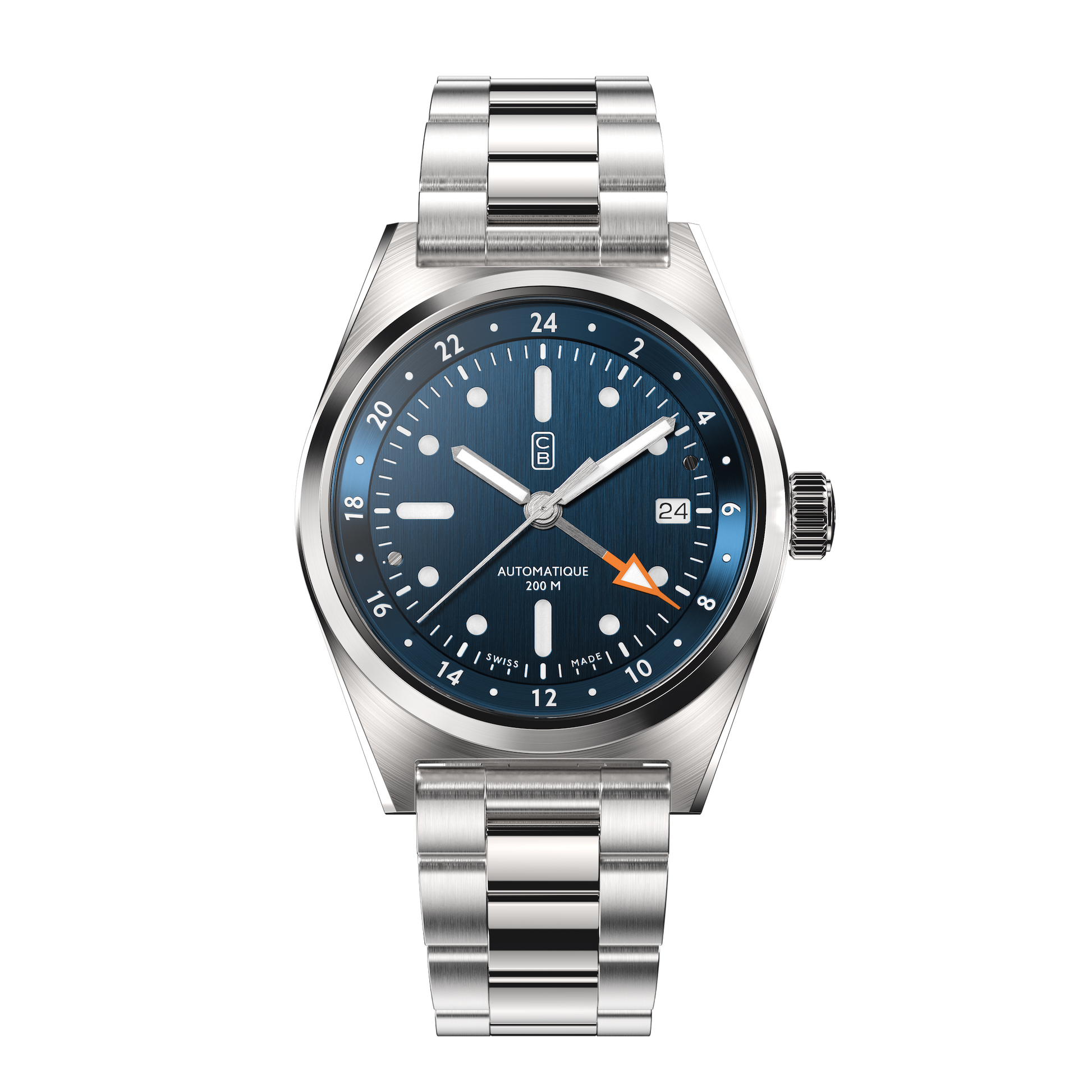 CB01 90 blue dial automatic watch made of recycled stainless steel, full steel repurposed bracelet, orange hand tip, GMT function, white Superluminova