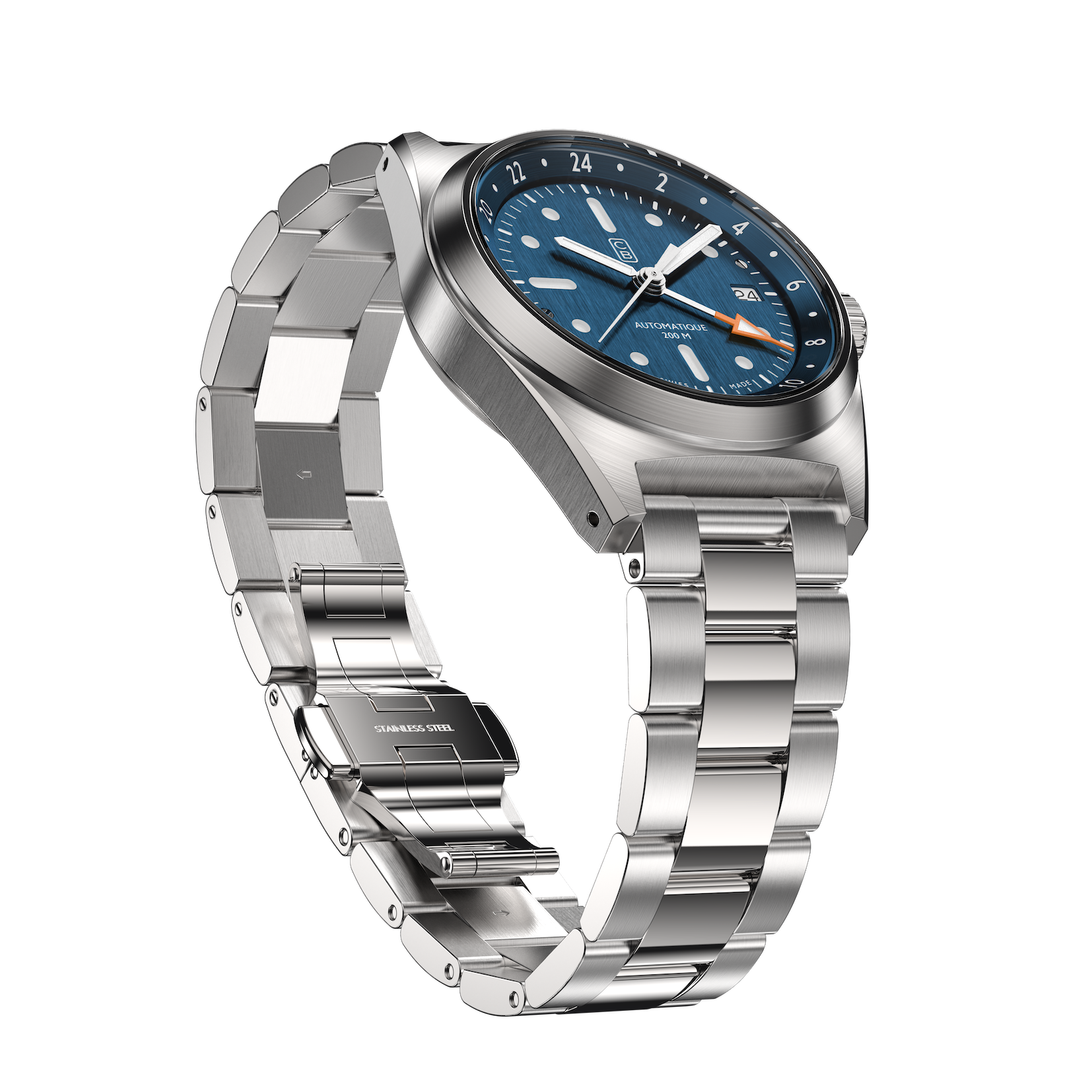 Side view of the CB01-GMT self-winding mechanical full steel blue - Swiss made tool watch made of 100% recycled stainless steel - Sustainable and ecologic watch