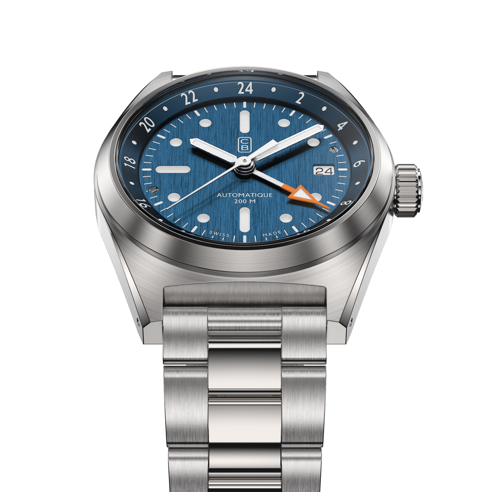 Blue dial and orange GMT hand tip of the CB01-GMT blue self-winding mechanical watch made of recycled stainless steel and repurposed bracelet - Swiss made