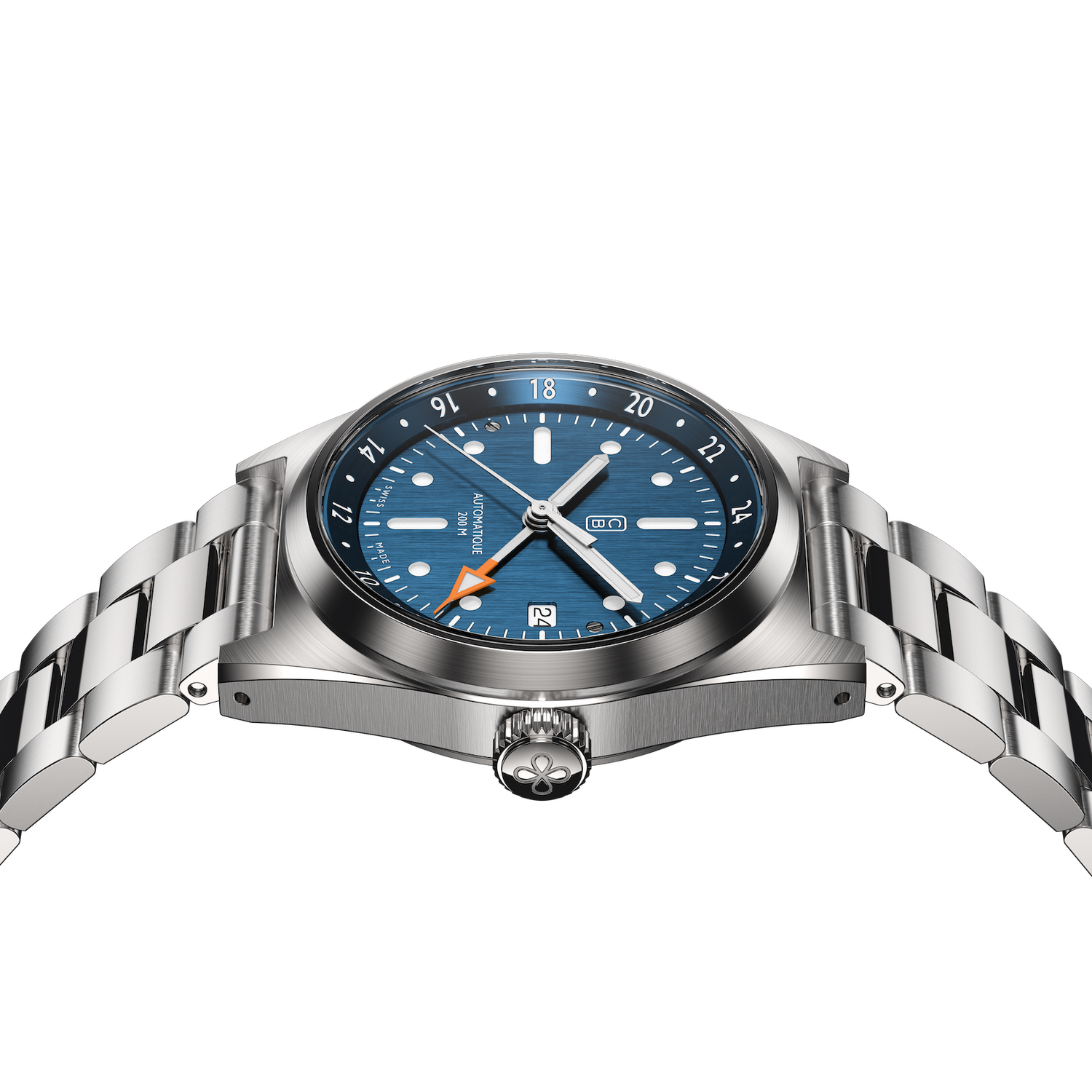 Side view of the CB01-GMT automatic full steel blue - 100% recycled stainless steel - Sustainable and ecologic watch - Swiss made