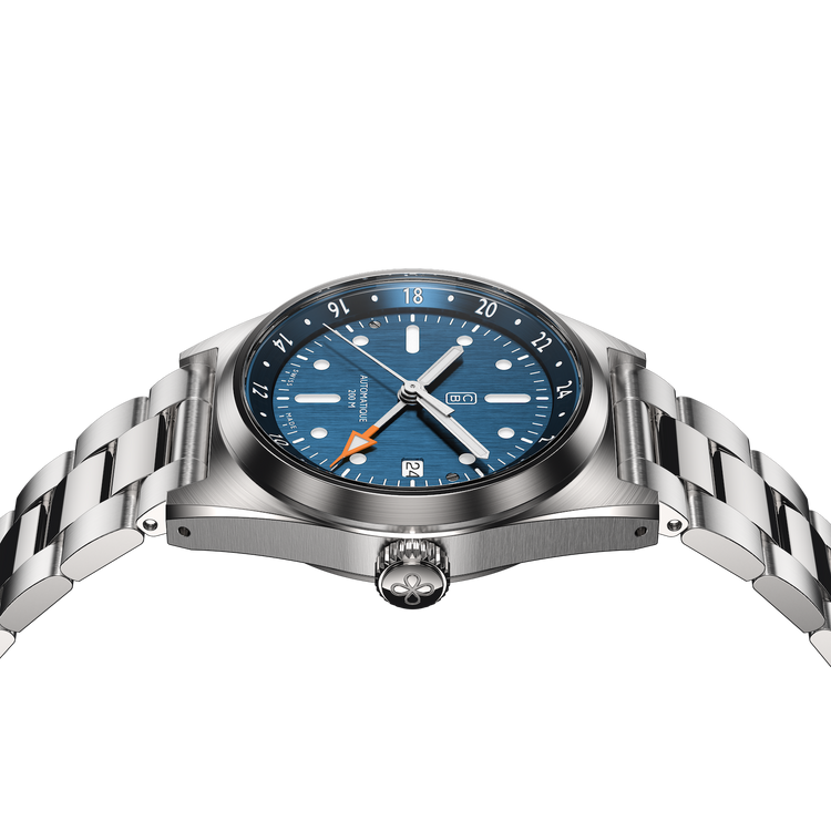 Side view of the CB01-GMT automatic full steel blue - 100% recycled stainless steel - Sustainable and ecologic watch - Swiss made