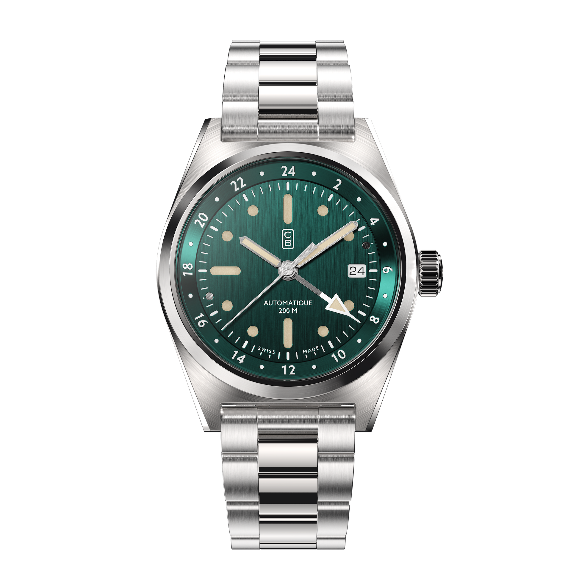 CB01 60 green dial mechanical watch made of recycled stainless steel, full steel repurposed bracelet, white hand tip, GMT function, Old Radium Superluminova