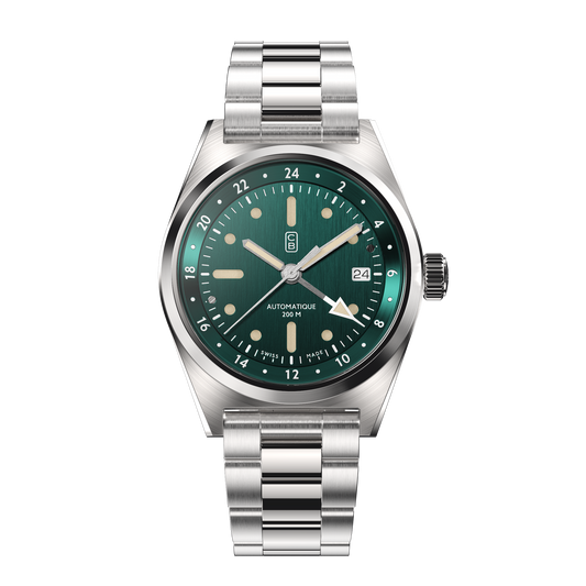CB01 60 green dial mechanical watch made of recycled stainless steel, full steel repurposed bracelet, white hand tip, GMT function, Old Radium Superluminova