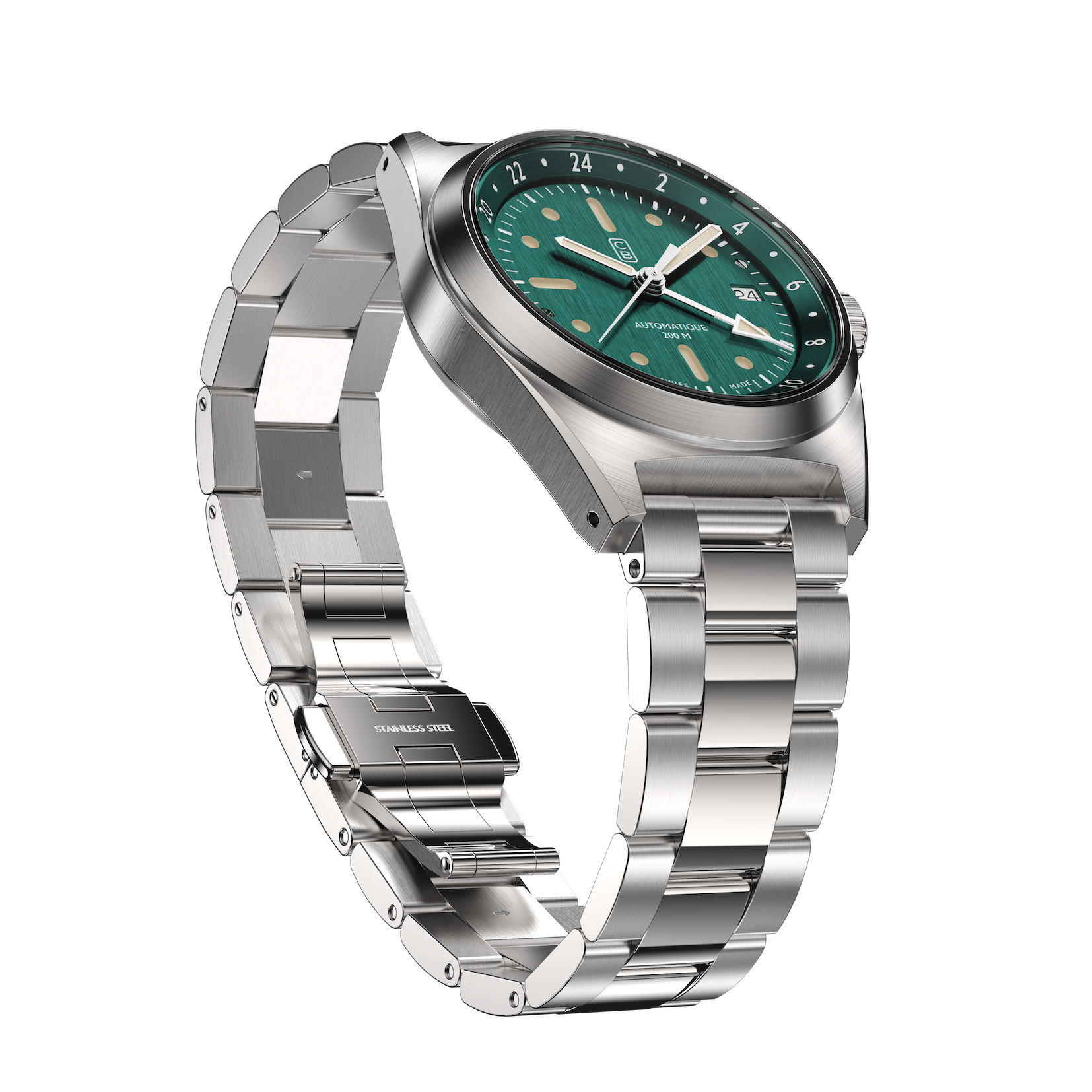 Cedric Bellon CB01-GMT with green brushed dial, automatic swiss made movement