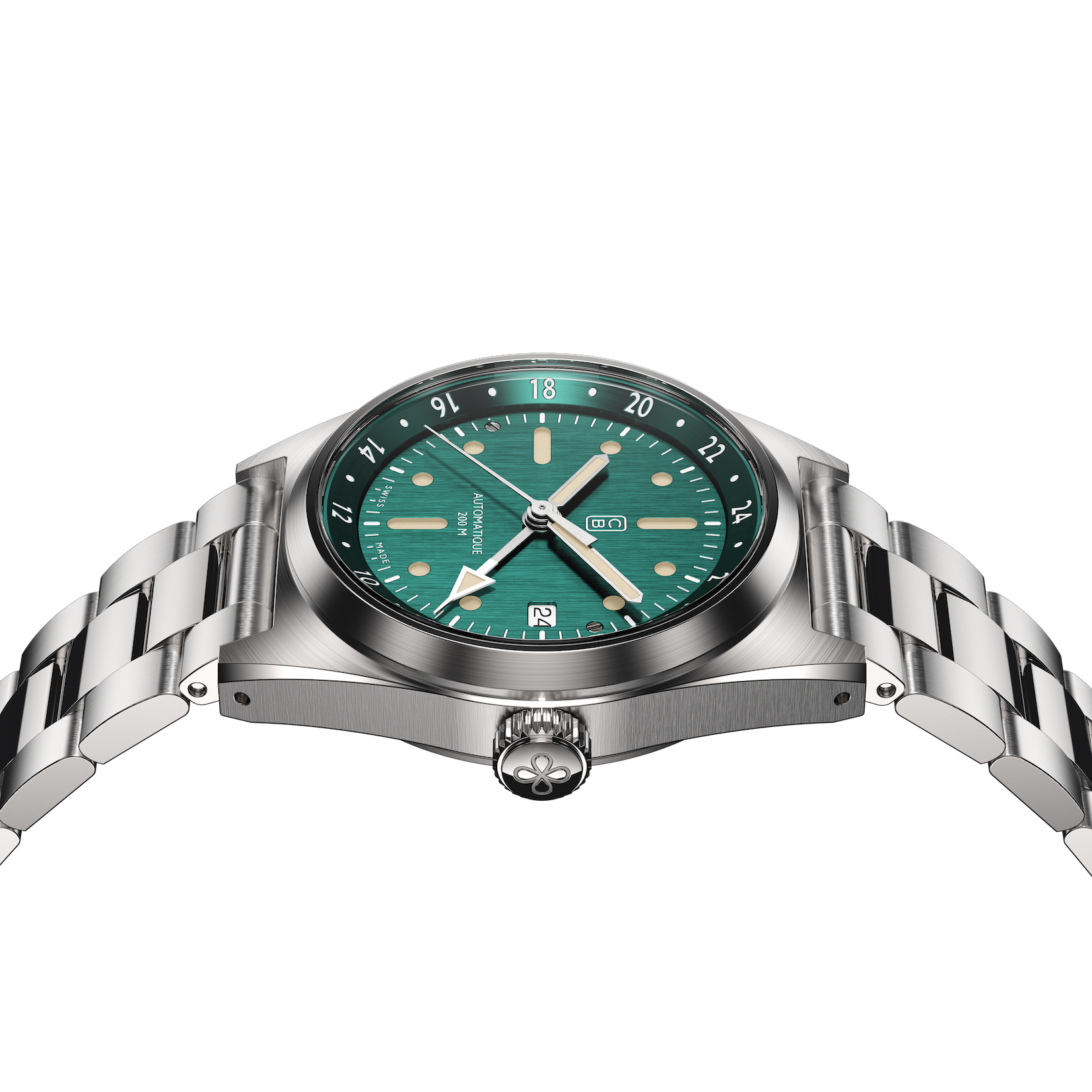 Side view of the Cedric Bellon CB01-GMT green dial, case made of 100% recycled stainless steel and bracelet made of repurposed stainless steel