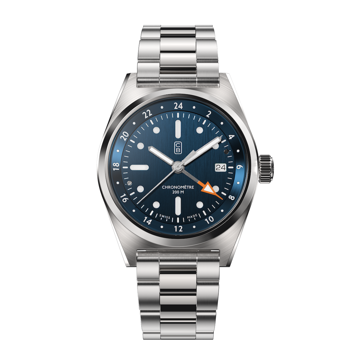 CB01 90 blue dial automatic watch made of recycled stainless steel, full steel repurposed bracelet, orange hand tip, GMT function, white Superluminova, COSC Chronometer