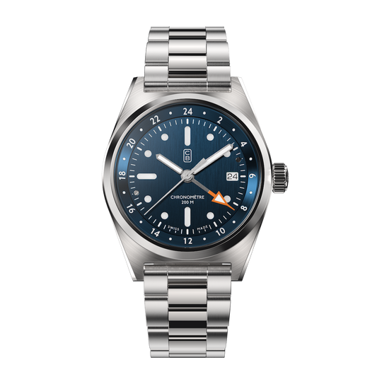 CB01 90 blue dial automatic watch made of recycled stainless steel, full steel repurposed bracelet, orange hand tip, GMT function, white Superluminova, COSC Chronometer