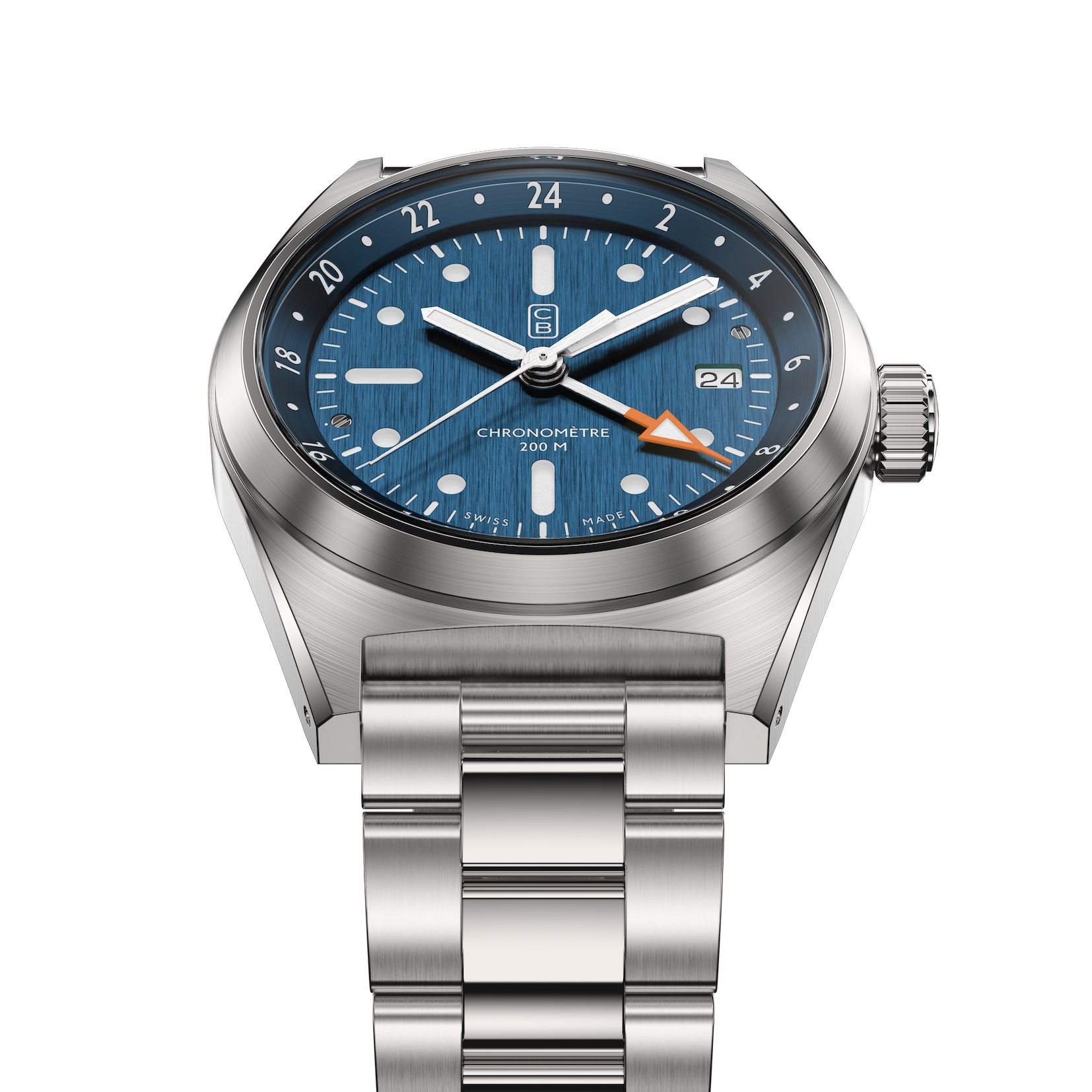 Blue dial and orange GMT hand tip of the CB01-GMT blue chronometer watch made of recycled stainless steel and repurposed bracelet - Swiss made