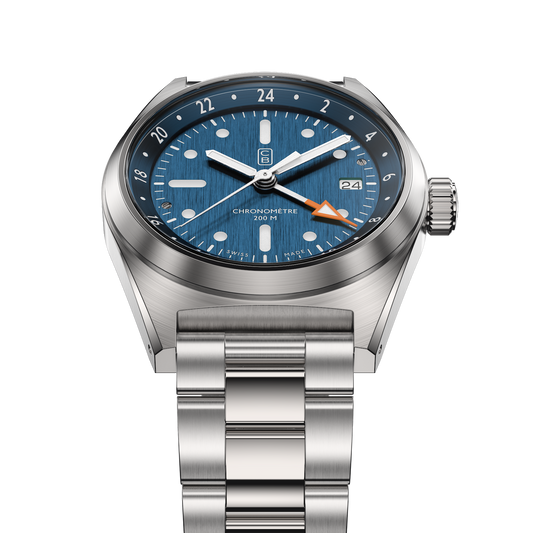 Blue dial and orange GMT hand tip of the CB01-GMT blue chronometer watch made of recycled stainless steel and repurposed bracelet - Swiss made