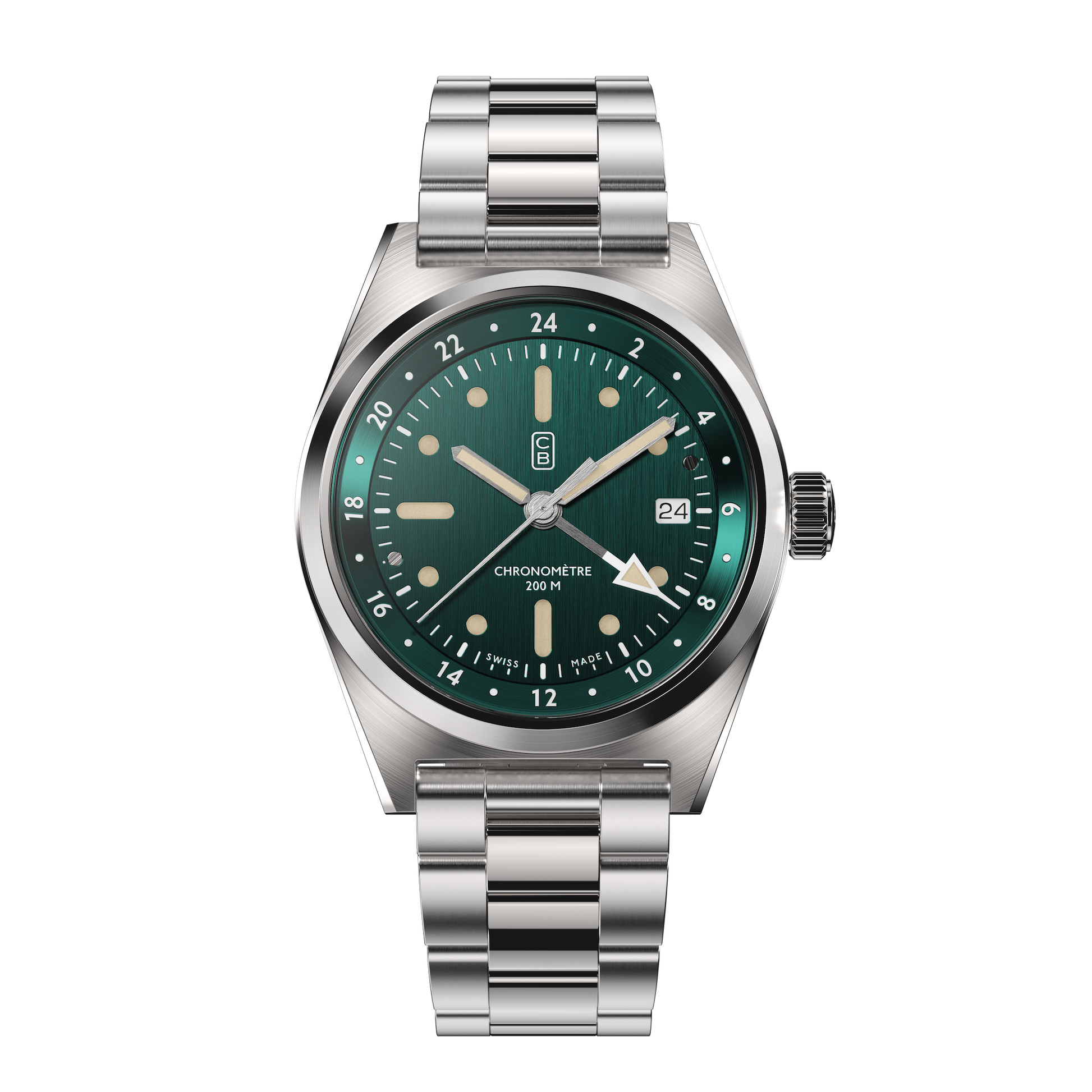 CB01 60 green dial automatic watch made of recycled stainless steel, full steel repurposed bracelet, white hand tip, GMT function, old radium Superluminova, COSC Chronometer