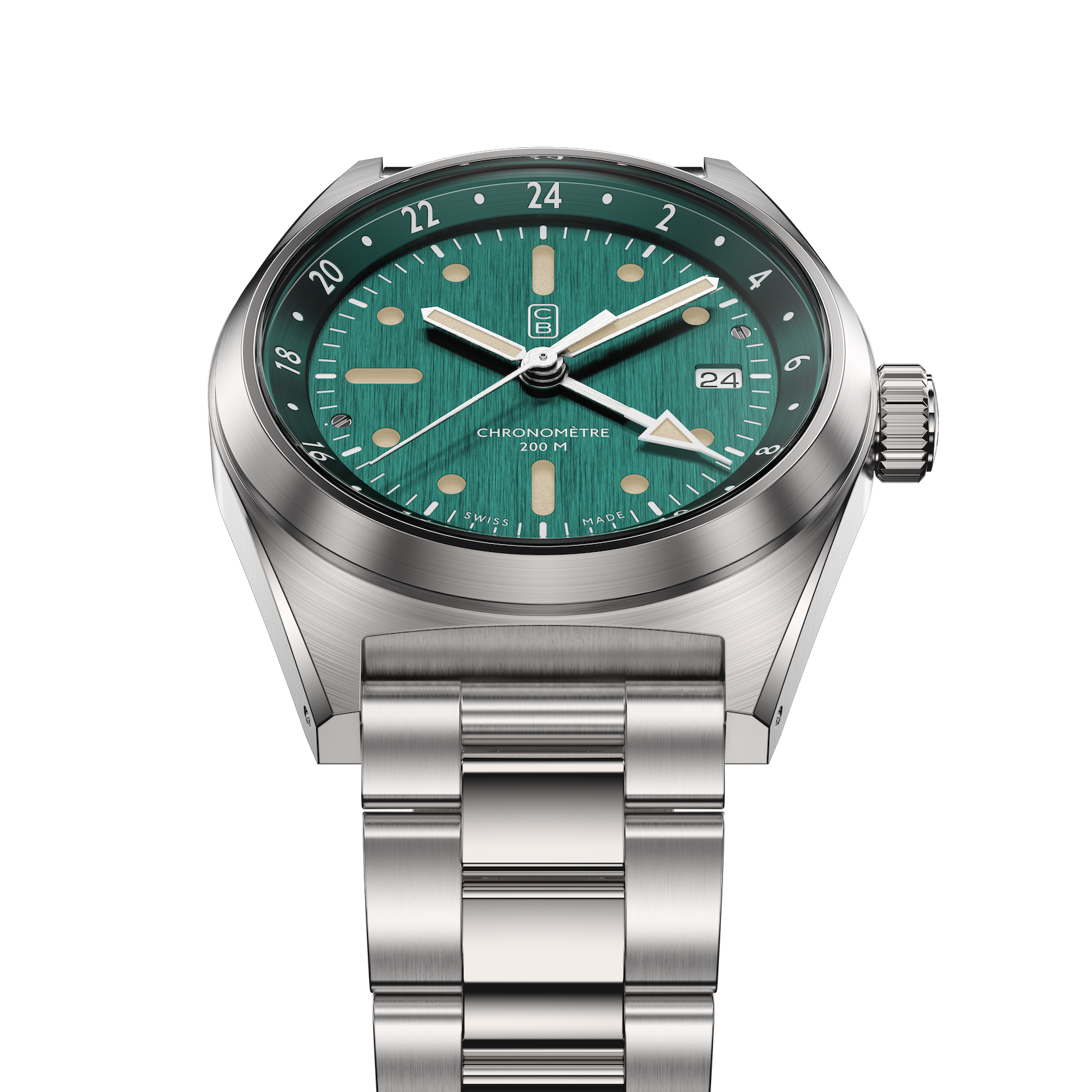 Blue dial and white GMT hand tip of the CB01-GMT green chronometer watch made of recycled stainless steel and repurposed bracelet - Swiss made