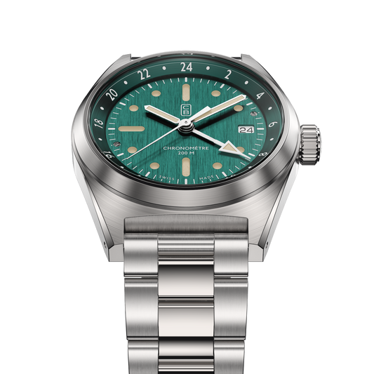Blue dial and white GMT hand tip of the CB01-GMT green chronometer watch made of recycled stainless steel and repurposed bracelet - Swiss made