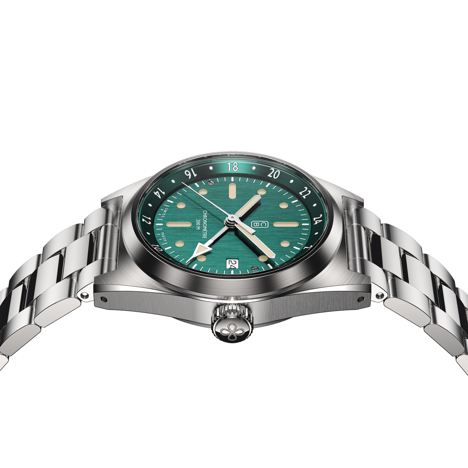 The CB01 GMT watch on full steel bracelet with its green dial, recycled stainless steel for sustainability