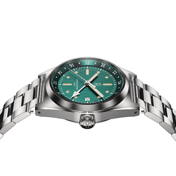 The CB01 GMT watch on full steel bracelet with its green dial, recycled stainless steel for sustainability