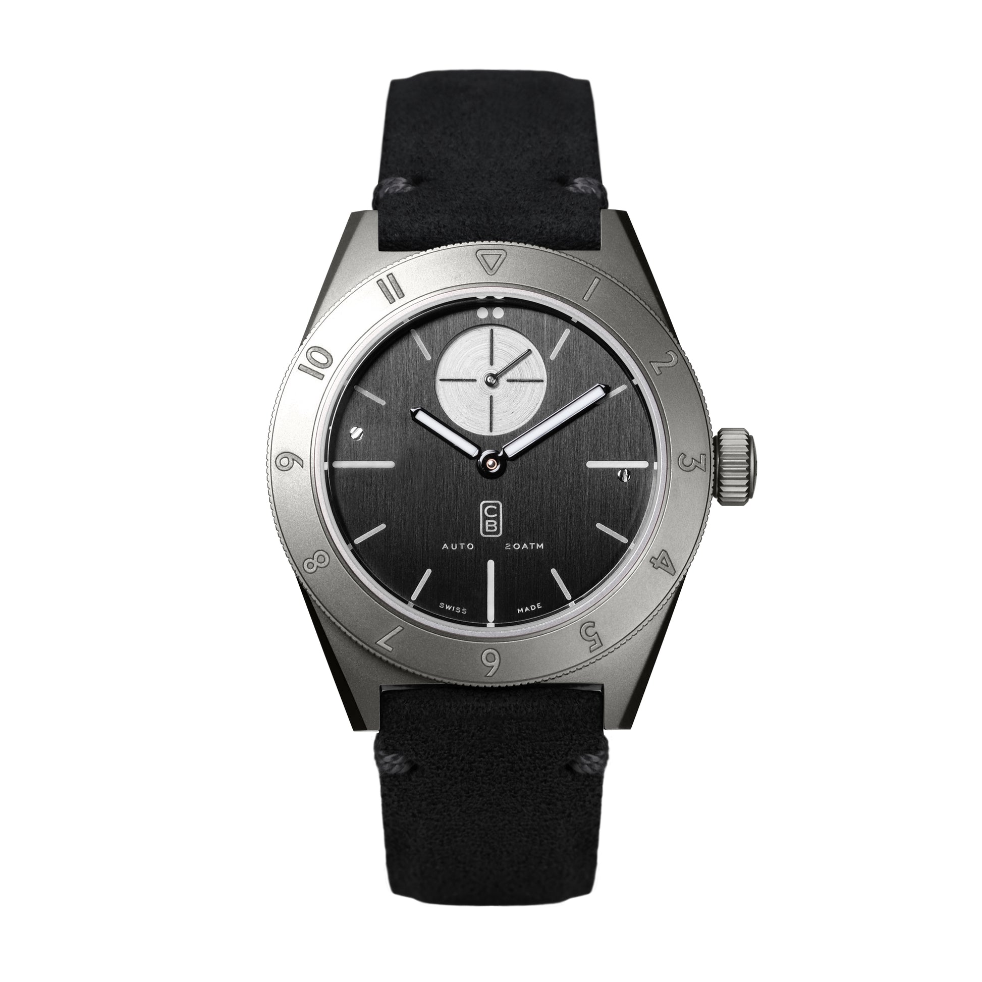 CB01 Ti black made of repurposed grade 5 titanium. Swiss made men's mechanical watch. Black Alcantara handmade strap