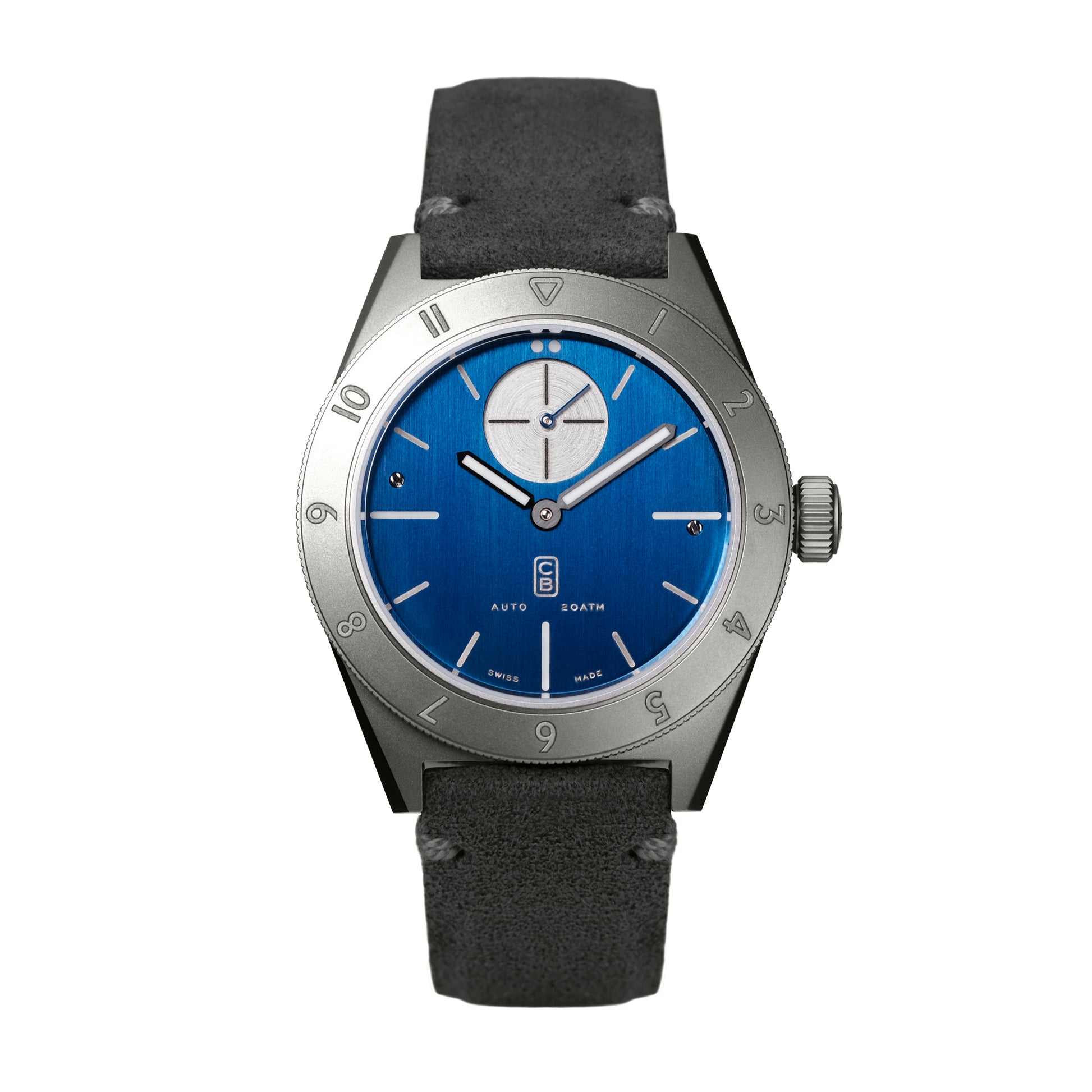 CB01 Ti blue made of repurposed grade 5 titanium. Swiss made men's automatic watch. Grey Alcantara handmade strap