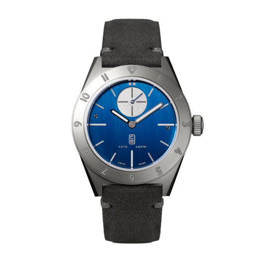 CB01 Ti blue made of repurposed grade 5 titanium. Swiss made men's automatic watch. Grey Alcantara handmade strap