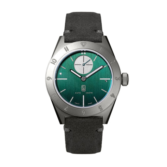 CB01 Ti green made of repurposed grade 5 titanium. Swiss made men's mechanical watch
