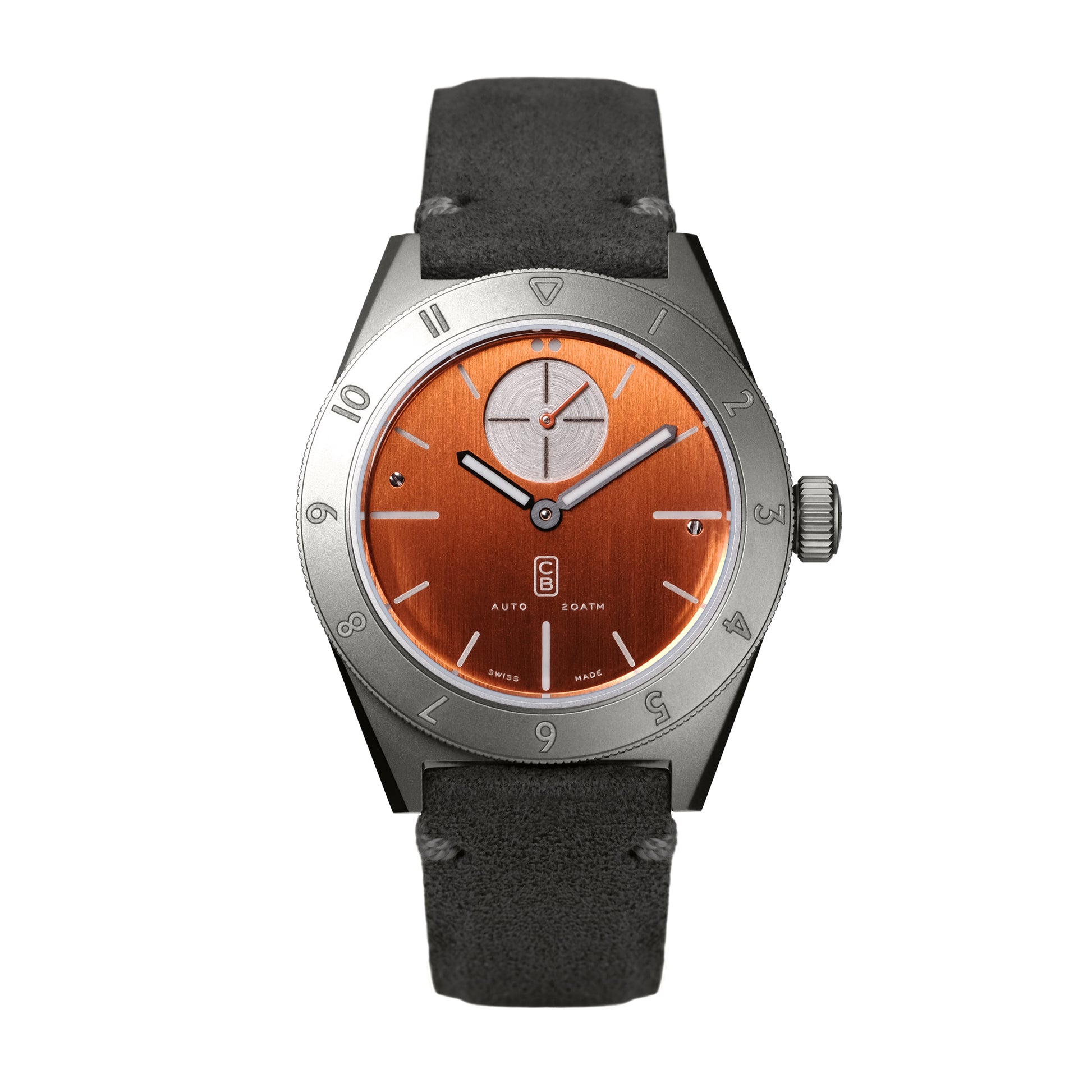 CB01 Ti orange made of repurposed grade 5 titanium. Swiss made men's mechanical watch. Alcantara handmade strap