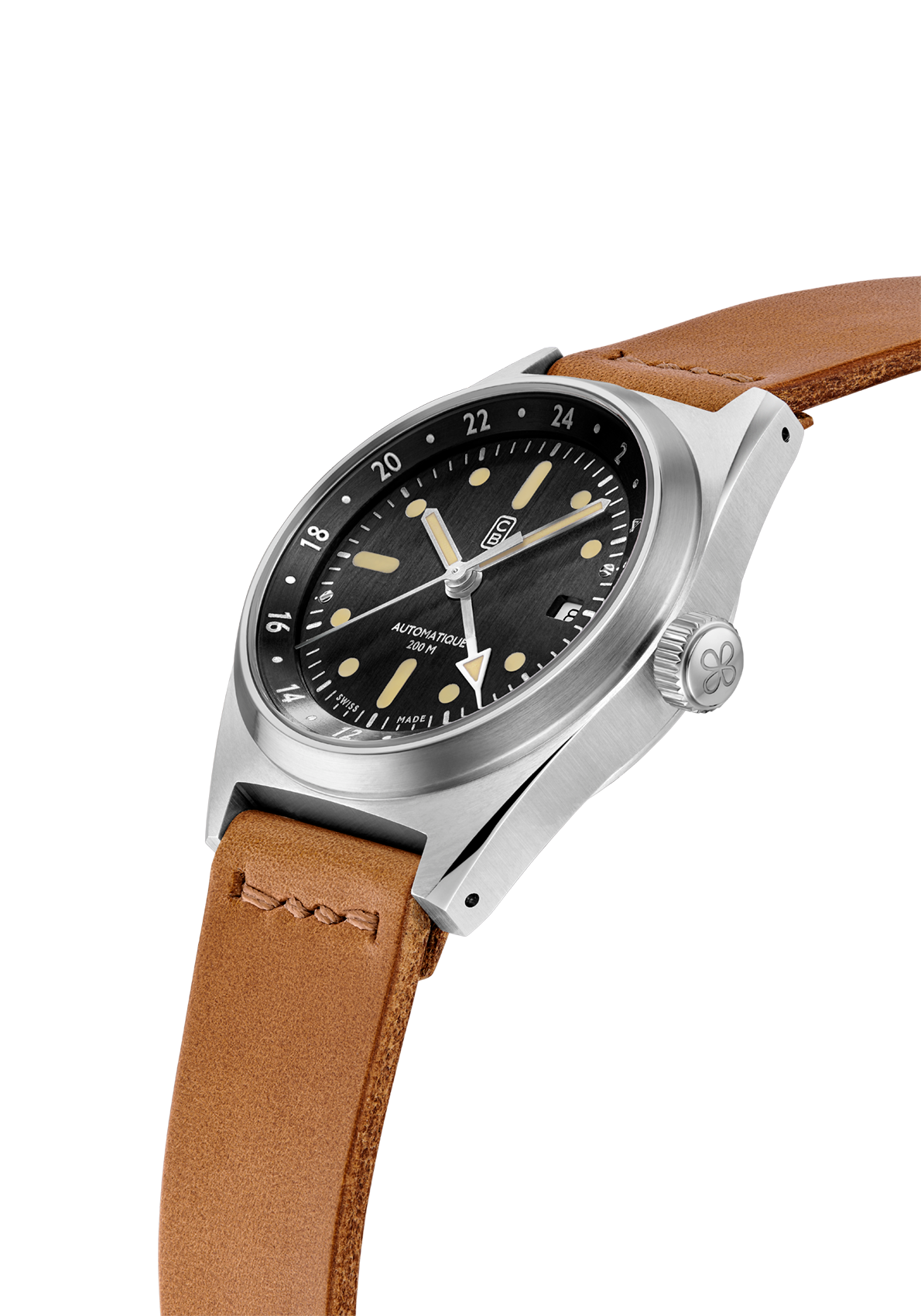 Side view of the black dial of the CB01-GMT 60, handmade light brown leather strap - Swiss made sustainable tool watch