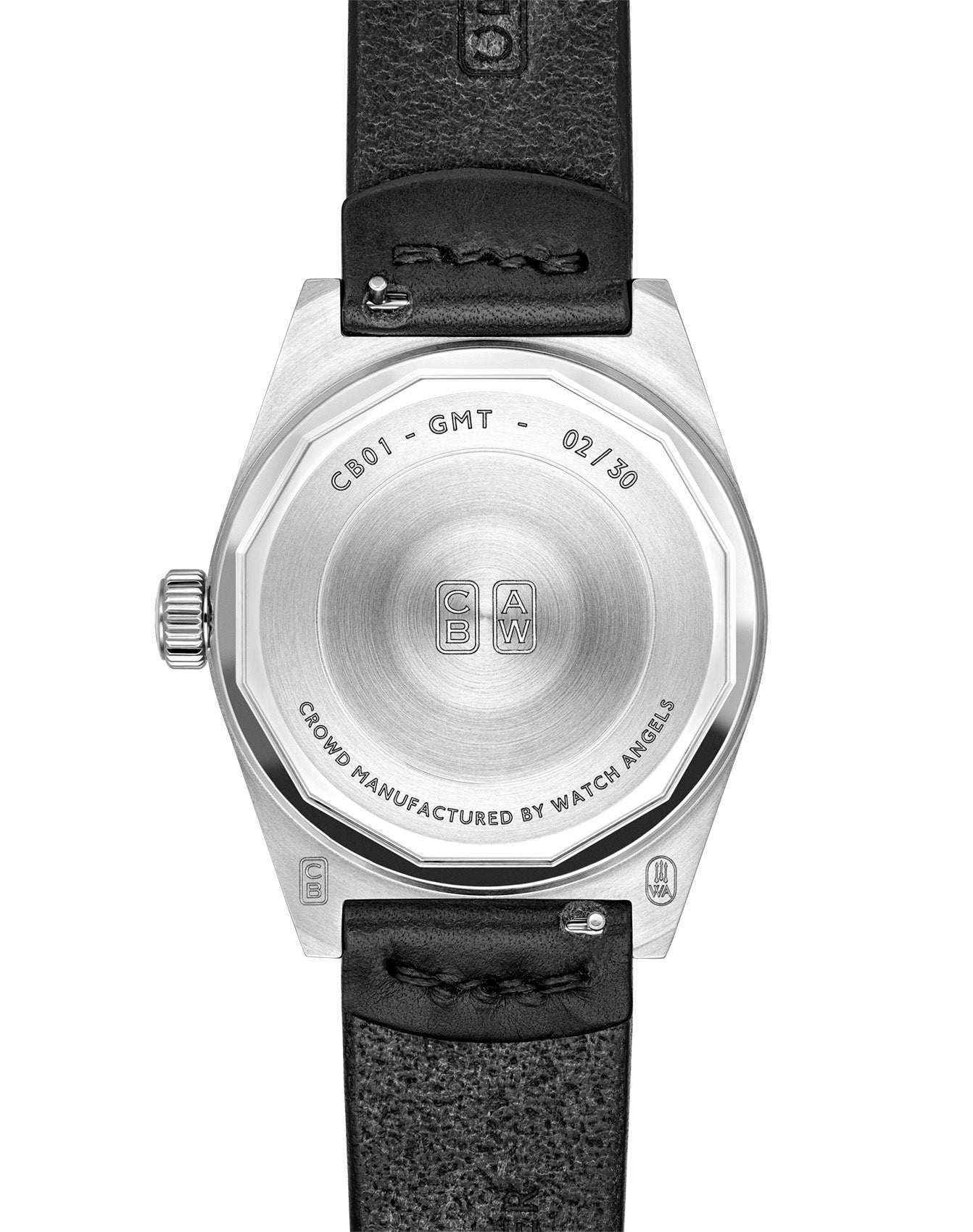 Caseback of the Cedric Bellon CB01-GMT 90 made of recycled stainless steel made in Switzerland, handmade leather strap