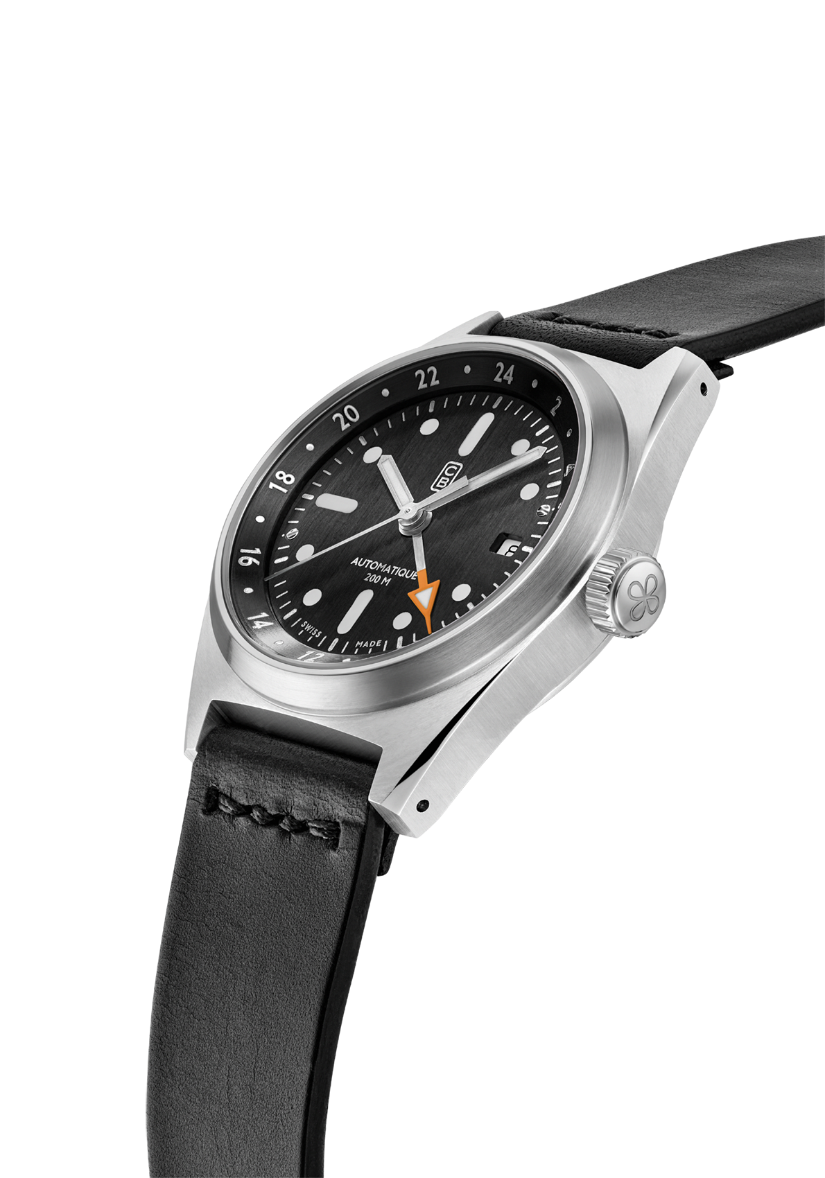 Side view of the Cedric Bellon CB01-GMT 90 - black dial - mechanical tool watch made of recycled stainless steel - Swiss made