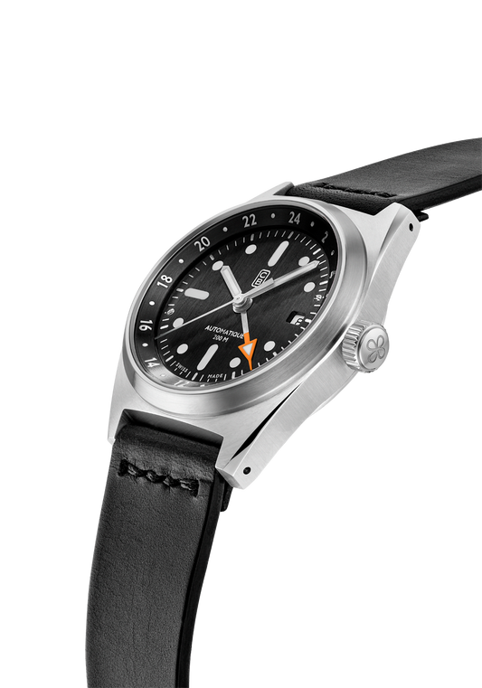 Side view of the Cedric Bellon CB01-GMT 90 - black dial - mechanical tool watch made of recycled stainless steel - Swiss made
