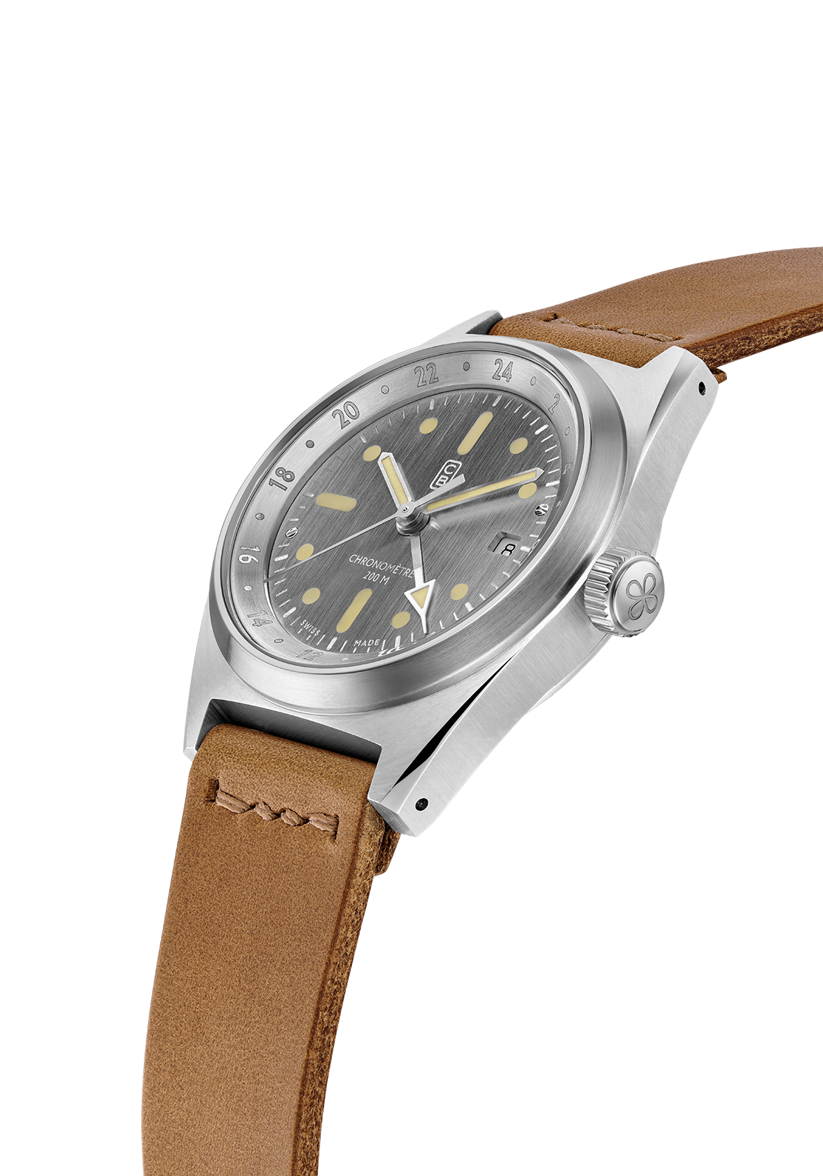 Side view of the CB01-GMT NK60 COSC chronometer - Superluminova Old Radium, raw and naked dial - 100% recycled stainless steel - ecologic watch
