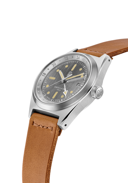 Side view of the CB01-GMT NK60 COSC chronometer - Superluminova Old Radium, raw and naked dial - 100% recycled stainless steel - ecologic watch