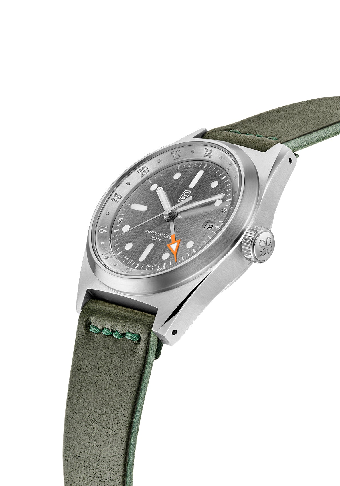 Sustainable watch made of 100% recycled stainless steel, raw dial, GMT and date complications, Swiss made, old radium superluminova and heandmade leather strap by Cedric Bellon watches