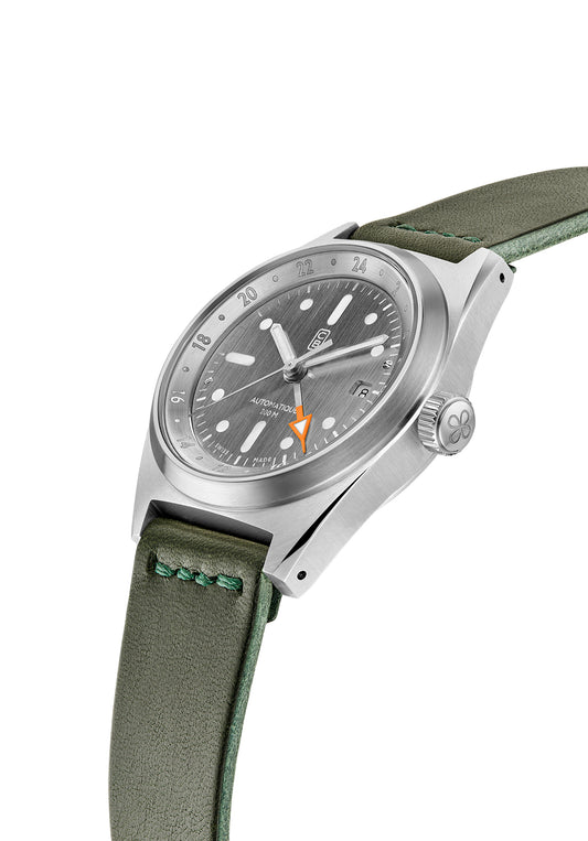 Sustainable watch made of 100% recycled stainless steel, raw dial, GMT and date complications, Swiss made, old radium superluminova and heandmade leather strap by Cedric Bellon watches