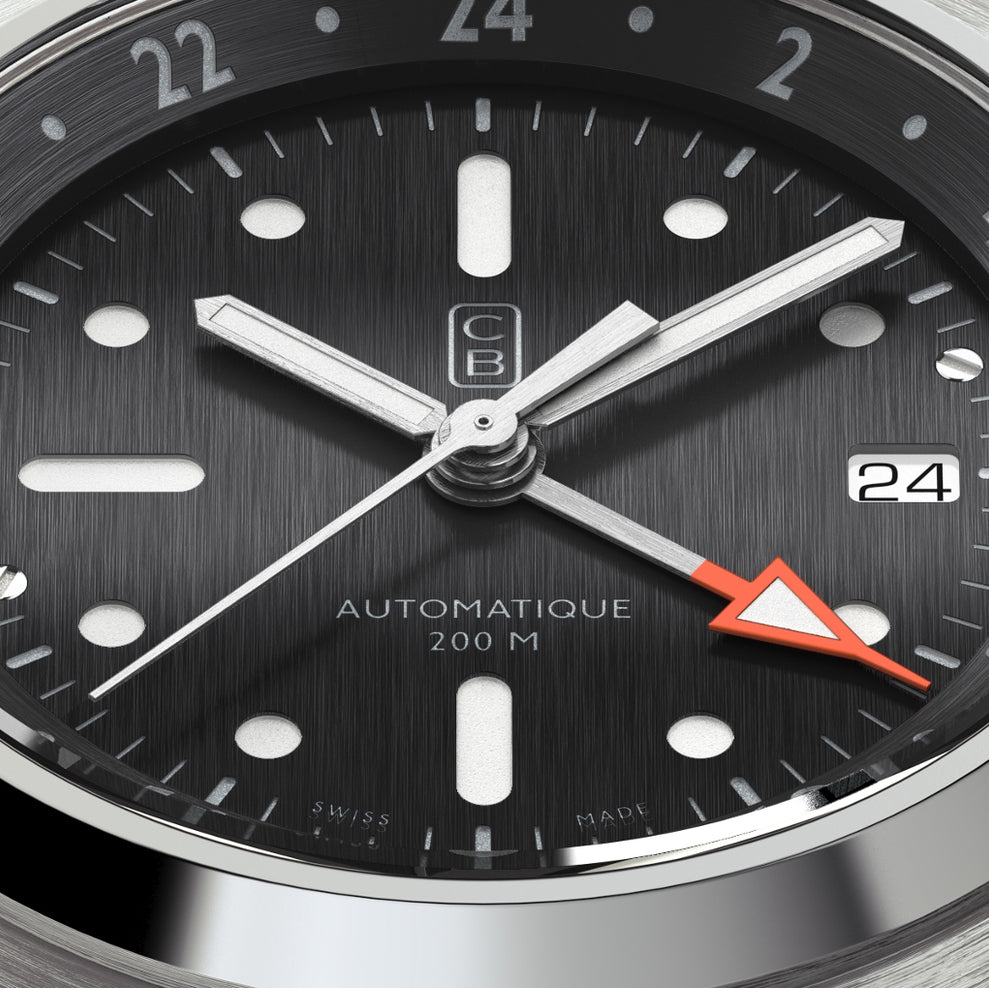 Close up on the dial of the Swiss Made CB01 GMT 90
