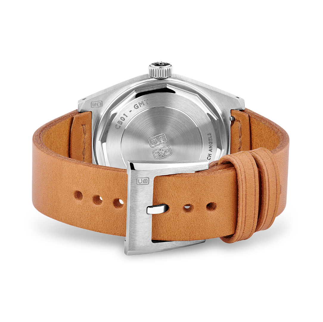 Handmade brown leather - Cedric Bellon watch logo engraved on repurposed stainless steel pin buckle