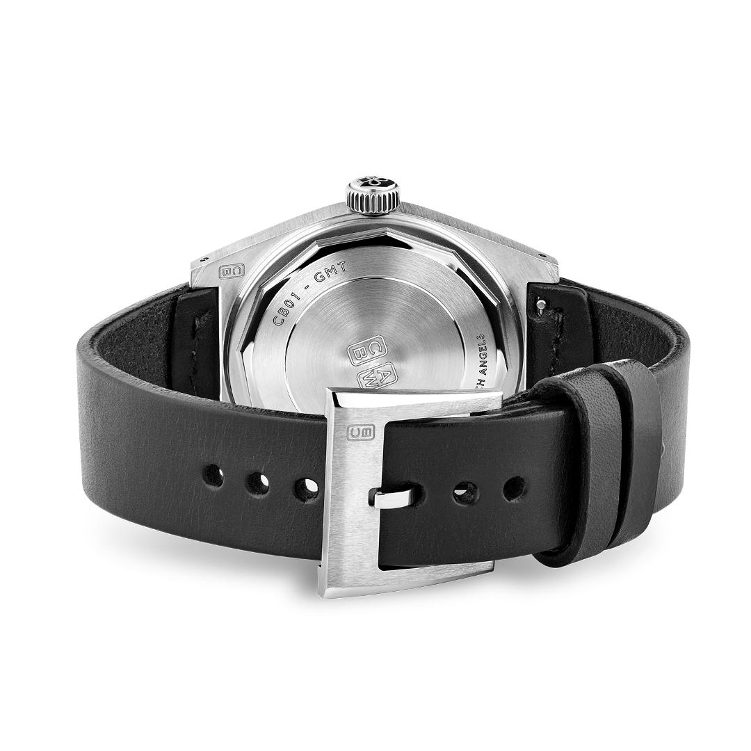 Handmade black leather strap and repurposed stainless steel pin buckle, engraved with Cedric Bellon CB logo