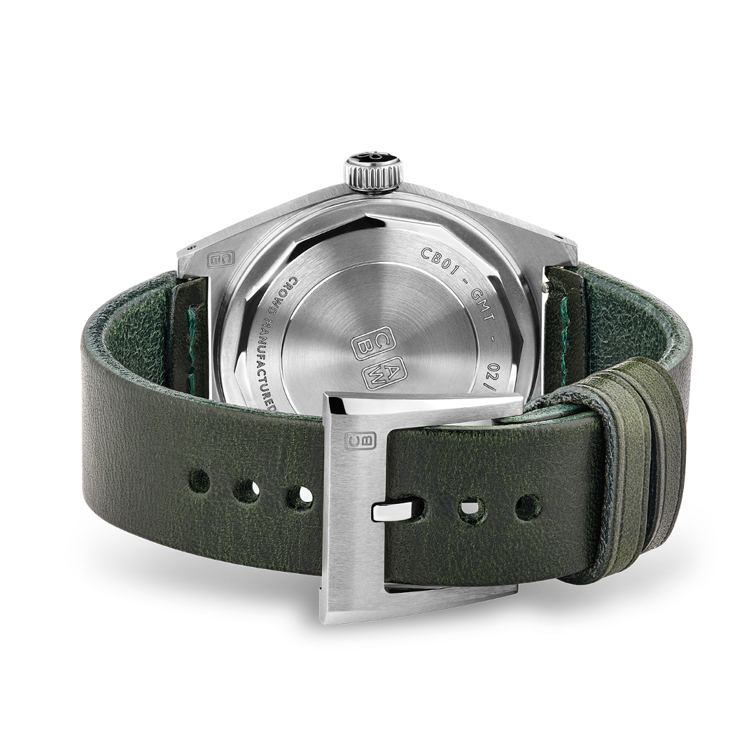Handmade dark green leather tanned without chemicals or glues, with the buckle made of repurposed stainless steel from our leftovers at manufacture.