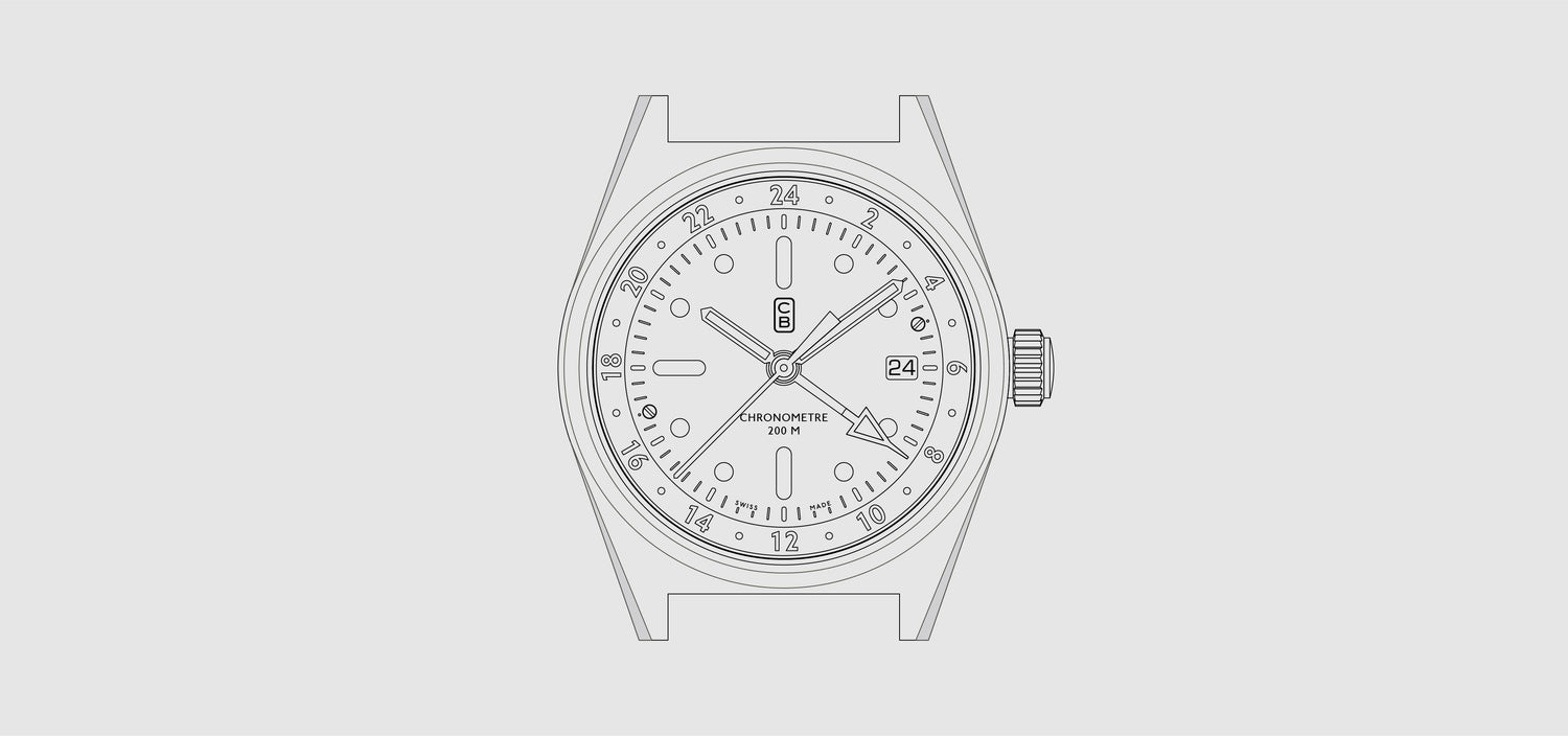 CB01-GMT blueprint, a real toolwatch made of 100% recycled stainless steel in Switzerland 