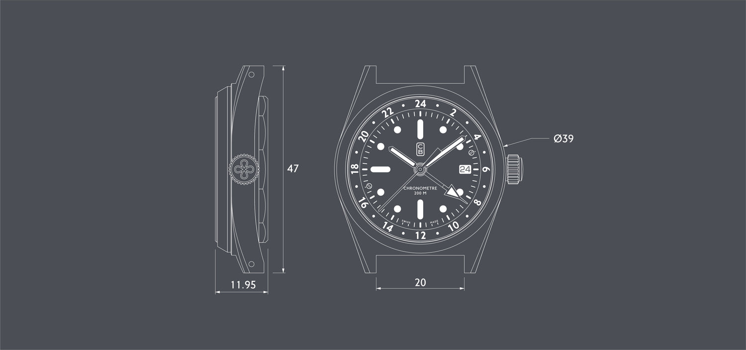 CB01 GMT dimensions, toolwatch made of the world's first recycled stainless steel. Swiss made