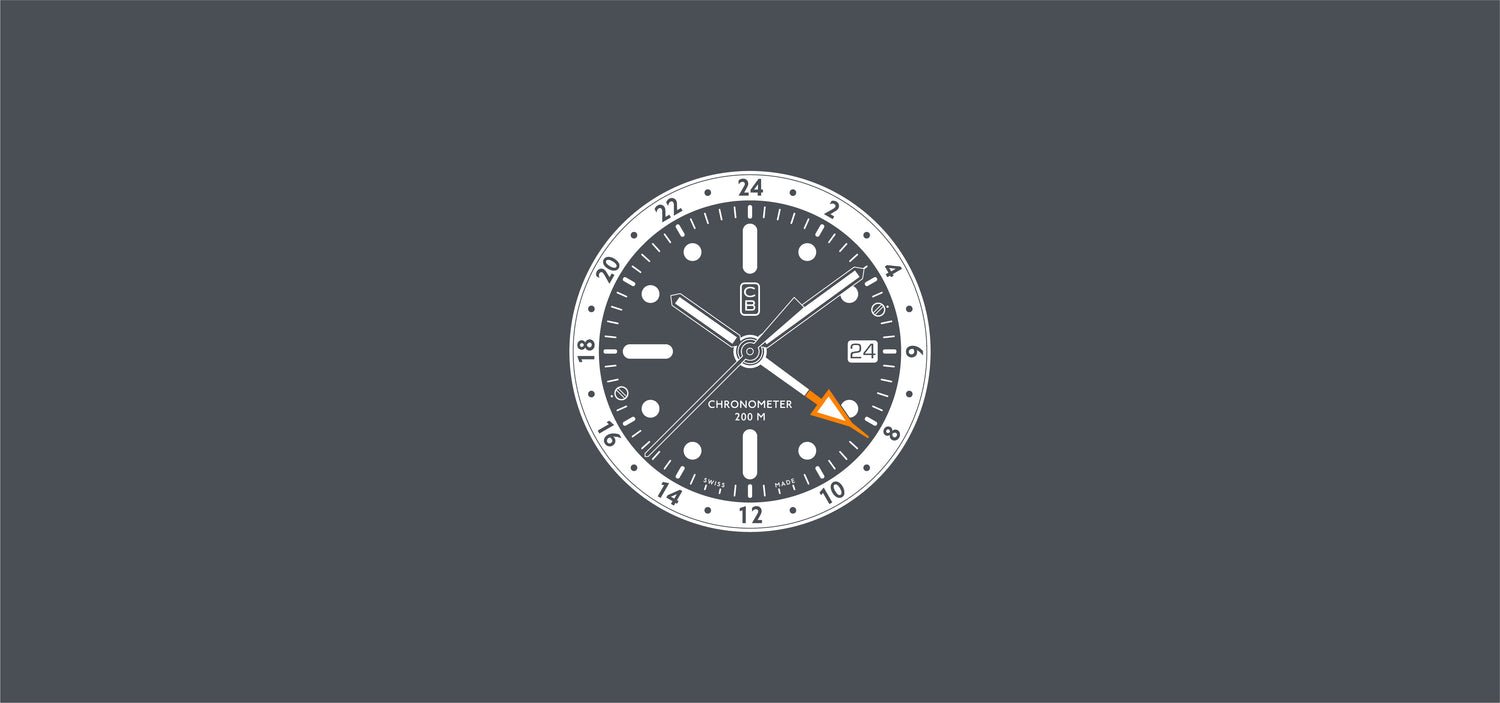CB01 GMT dial and inner bezel blueprint, a real toolwatch made of the world's first recycled stainless steel. Orange GMT hand tip. 100% Swiss made