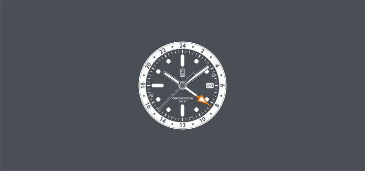 CB01 GMT dial and inner bezel blueprint, a real toolwatch made of the world's first recycled stainless steel. Orange GMT hand tip. 100% Swiss made