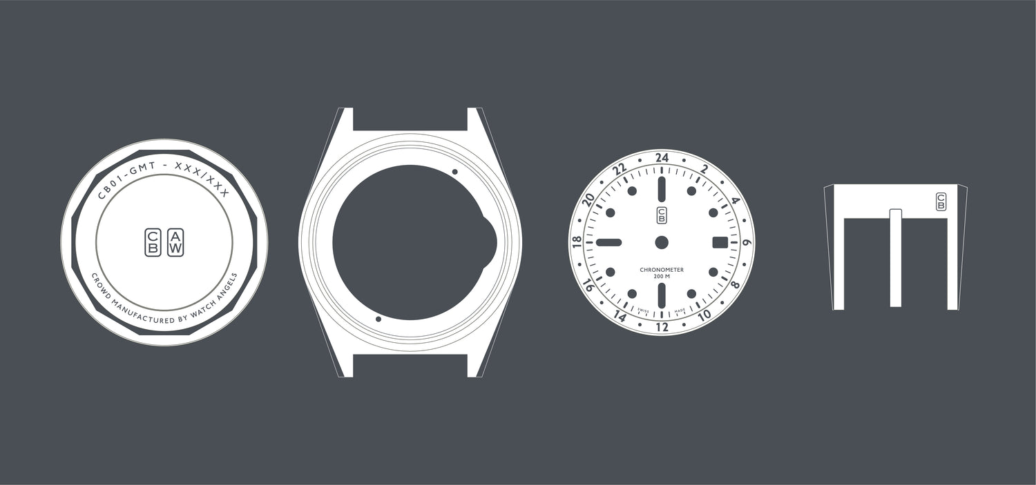 CB01-GMT parts blueprint, a toolwatch made of PuReSteel, the world's first recycled stainless steel. Swiss made
