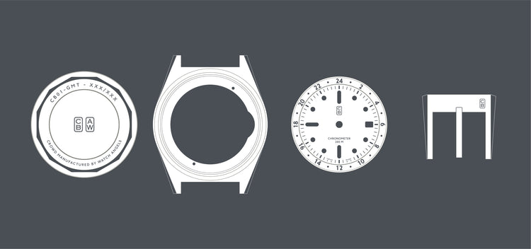 CB01-GMT parts blueprint, a toolwatch made of PuReSteel, the world's first recycled stainless steel. Swiss made