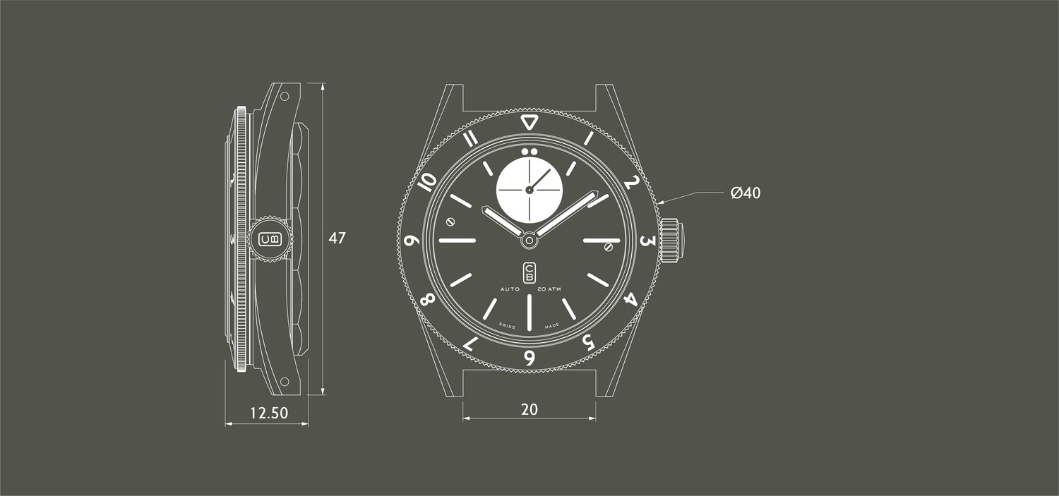 Dimensions of the CB01-GMT. A toolwatch made of the world's first fully recycled stainless steel, designed and manufactured with environmental concern 
