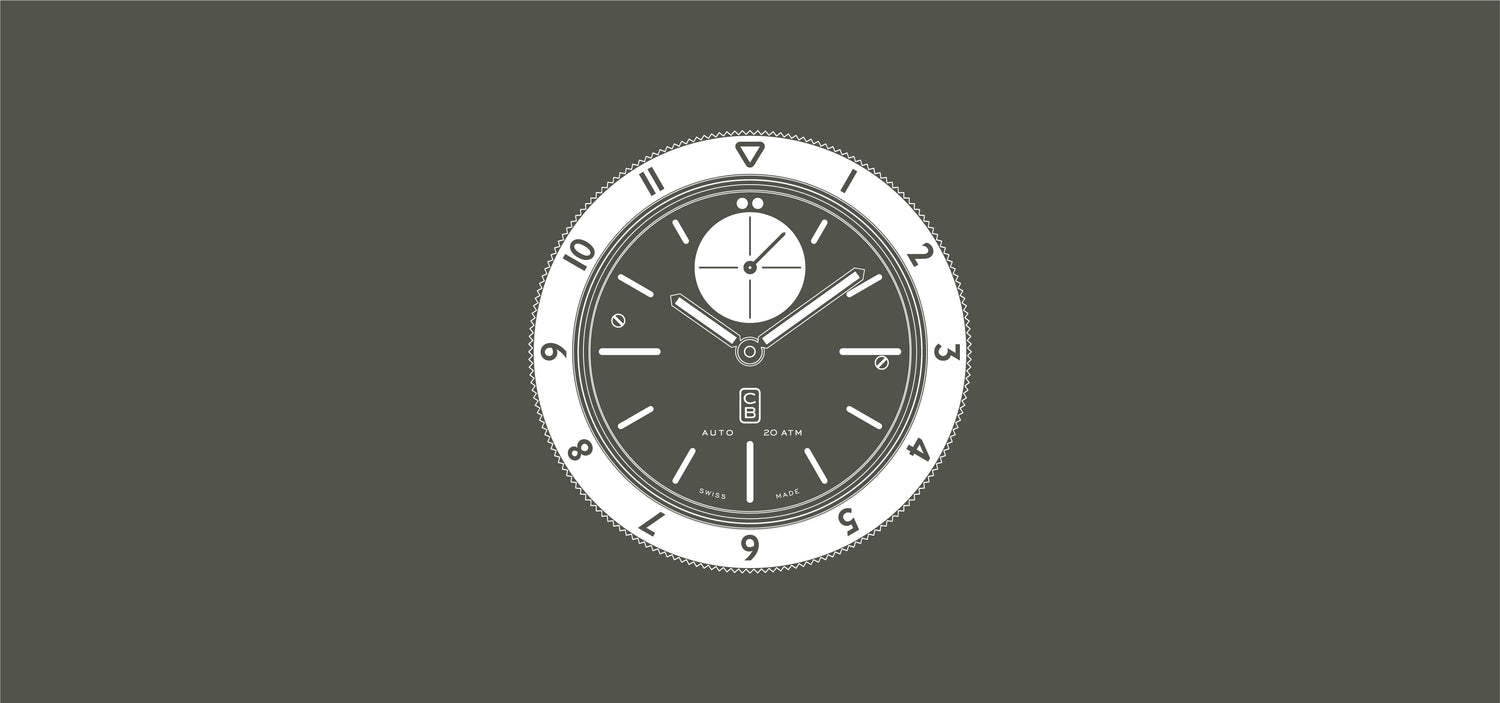 Dial and bezel scheme of the CB01 Ti, a wristatch made of repurposed titanium in Switerland 