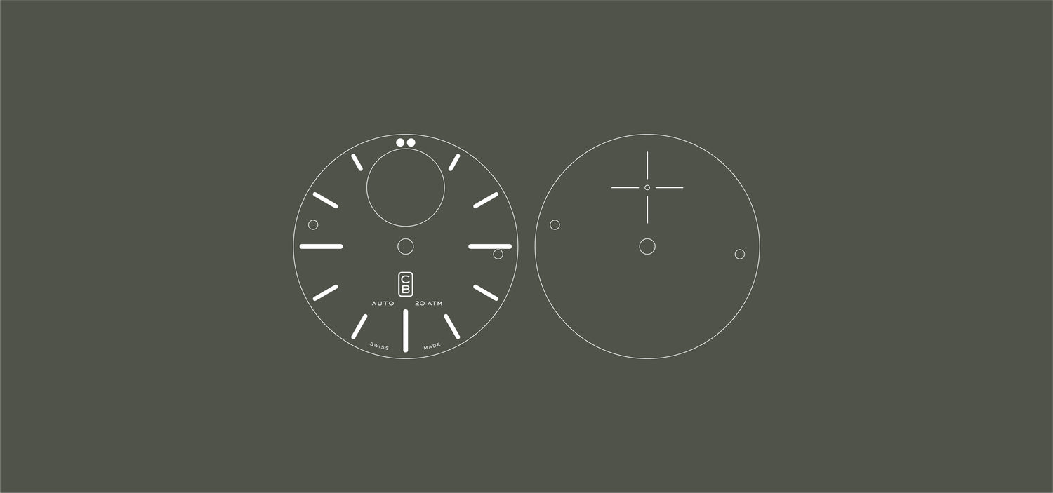 CB01 Ti dial blueprint, a real toolwatch made of repurposed grade 5 titanium. Swiss made
