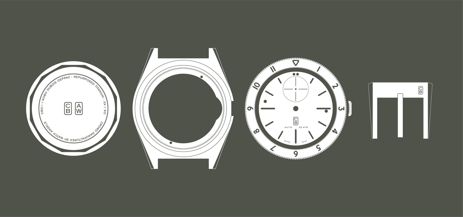 CB01 Ti parts blueprint, a real toolwatch made of repurposed grade 5 titanium. Swiss made
