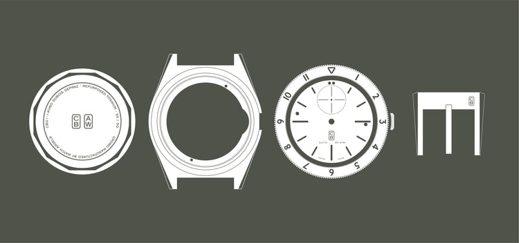 CB01 Ti parts blueprint, a real toolwatch made of repurposed grade 5 titanium. Swiss made