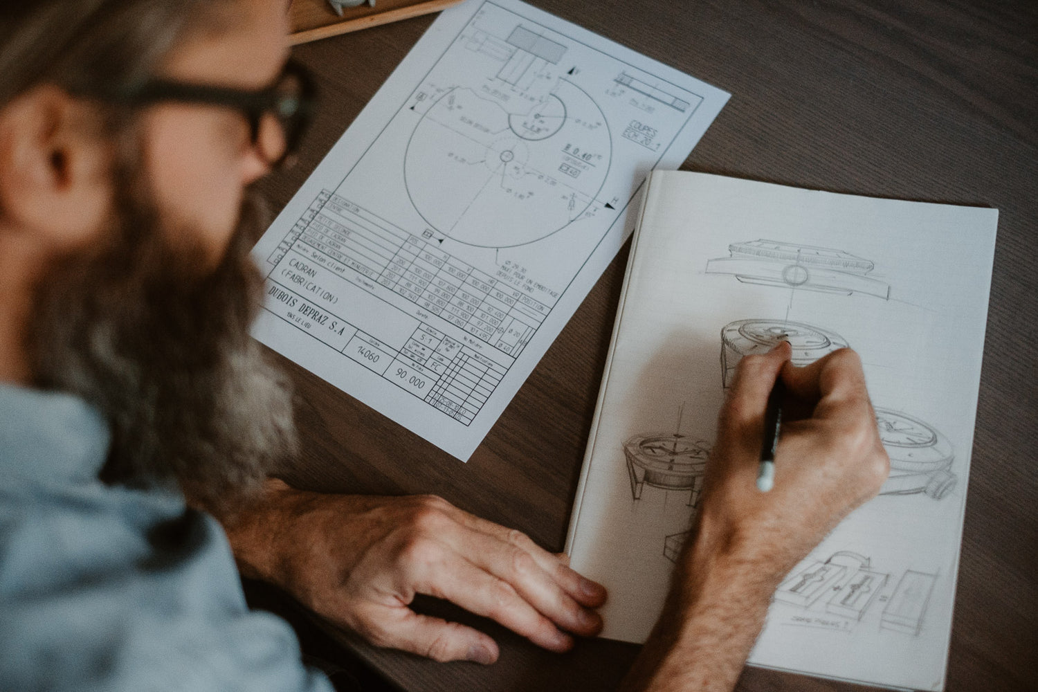 Cedric Bellon, watch designer, drawing his own Swiss made CB01 watches