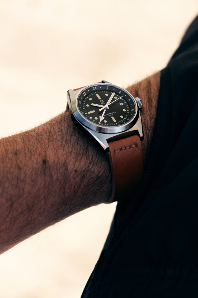 Ecological watch Swiss made. Recycled stainless steel, GMT complication watch worn