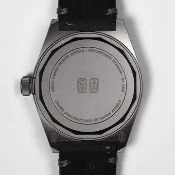 Cedric Bellon CB01 watch caseback made of repurposed grade 5 titanium and alcantara strap