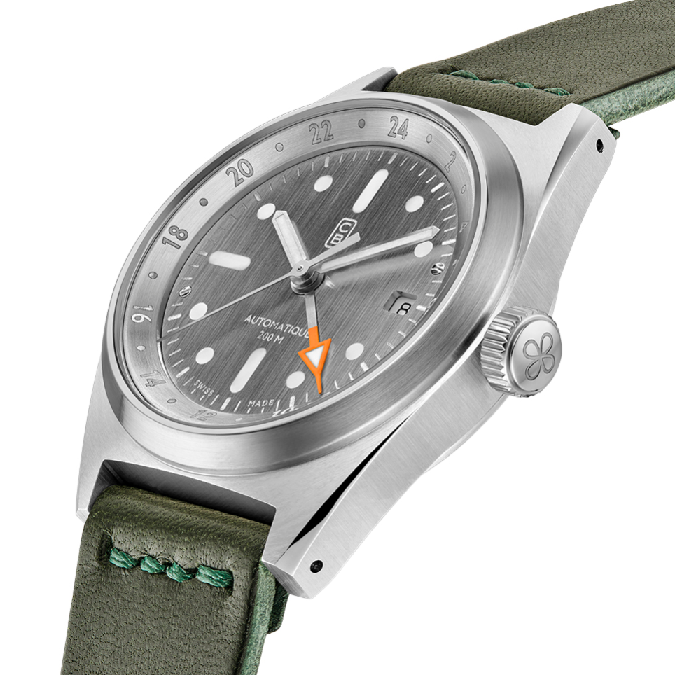Sustainable automatic GMT watch made of 100% recycled stainless steel, hand made leather strap by Cedric Bellon, watch designer